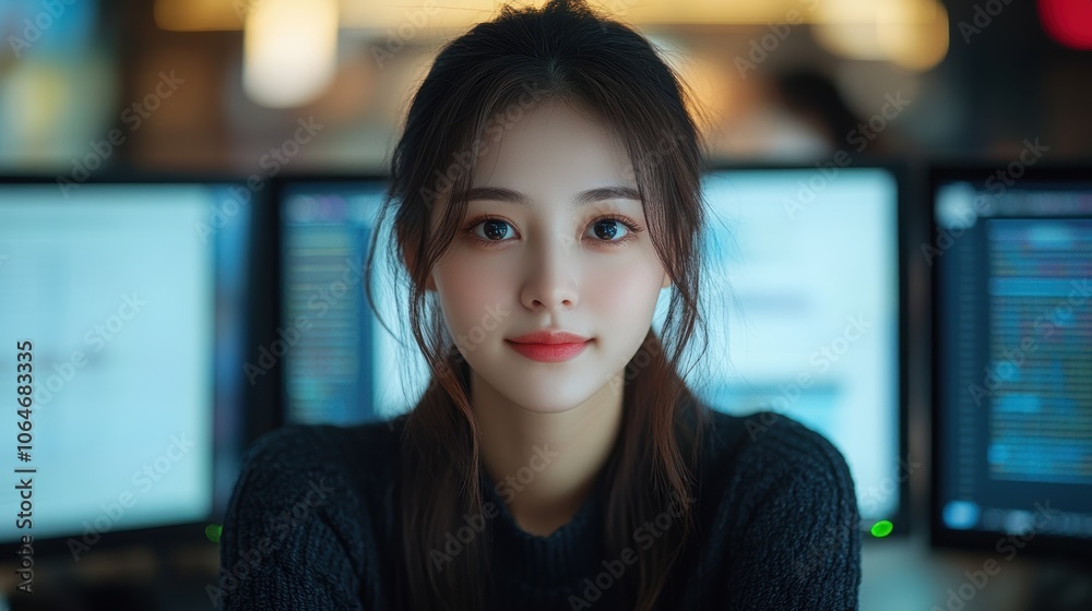 Poster chinese woman focused on coding as a software developer in a dual monitor setup