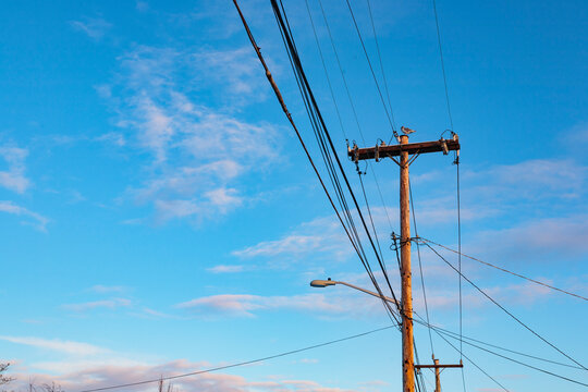 Telephone poles and wires against a blue sky