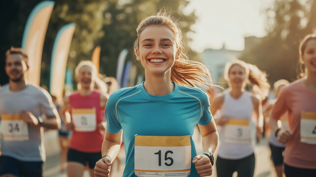Smiling woman running charity marathon in the park