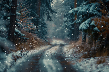Snowy road in beautiful winter forest