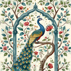 Traditional forest, garden, Mughal arch, peacock, parrot vector pattern white background. lotus, bird vector illustration seamless pattern for wallpaper and greeting cards. Chinoiserie wallpapers