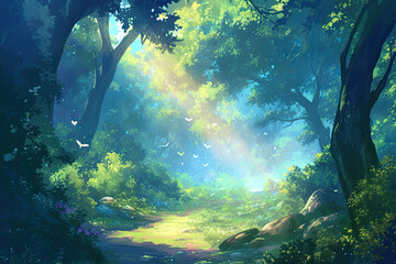 Fototapeta premium Woodland forest background banner, cartoon anime style graphic resource wide backdrop, empty space, trees wallpaper