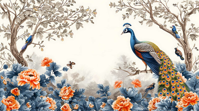 Traditional forest, garden, Mughal arch, peacock, parrot vector pattern white background. lotus, bird vector illustration seamless pattern for wallpaper and greeting cards. Chinoiserie wallpapers
