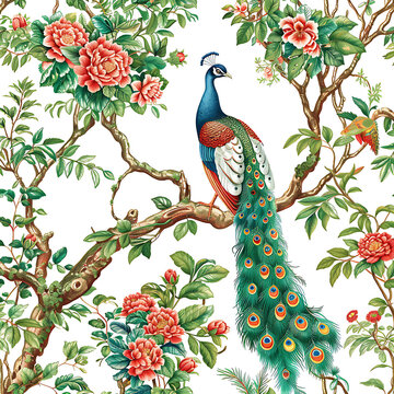 Traditional forest, garden, Mughal arch, peacock, parrot vector pattern white background. lotus, bird vector illustration seamless pattern for wallpaper and greeting cards. Chinoiserie wallpapers