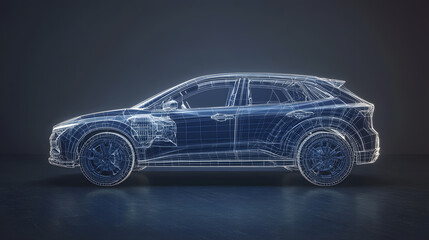 Wireframe model of a modern SUV in blue tones