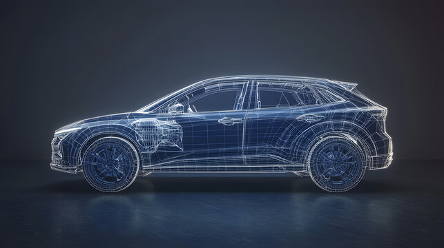 Wireframe model of a modern SUV in blue tones