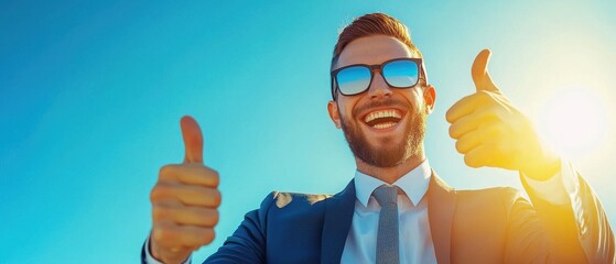 A cheerful man in a suit and sunglasses gives a thumbs-up, celebrating a positive moment against a bright blue sky.