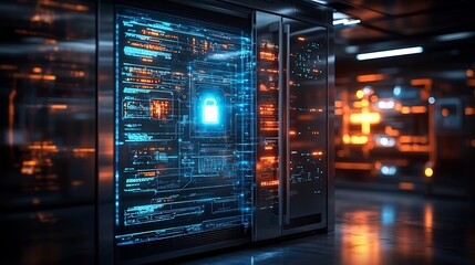 Obraz premium Connected smart fridge a holographic lock on its display symbolizing the importance of IoT security and secure smart kitchen technology