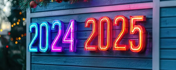Colorful neon numbers "2024" and "2025" glow against a wooden background, indicating a festive atmosphere likely related to New Year's celebrations.