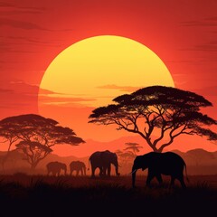 Fototapeta premium Silhouetted elephants against a vibrant sunset in the savanna.