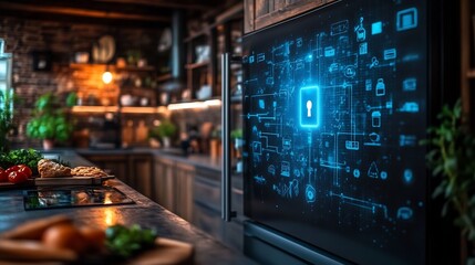 Connected smart fridge a holographic lock on its screen symbolizing secure IoT devices and safe smart kitchen technology