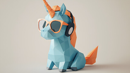 Stylish blue unicorn with sunglasses and headphones