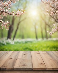 Spring landscape on empty wooden table background, for product placement and advertising, space for text