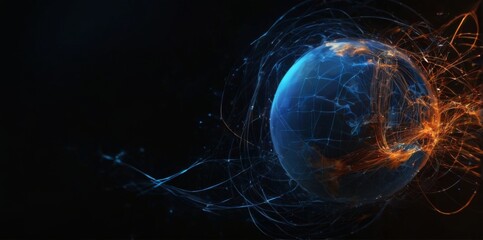 Digital globe illustration with network lines and dots on dark background conveying futuristic connectivity and global network concept.