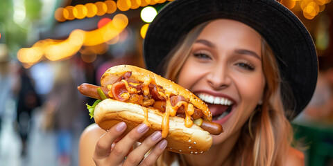 An attractive young woman with glasses, smiling cheerfully, holds a tasty giant hot dog in her hand. Open mouth ready to eat and black hat. Outdoor street food festival.