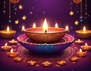 Traditional Indian Diya Oil Lamp on Purple Background with Festive Decor and Colorful Swirls for Diwali Celebration.