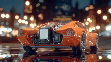 Sleek orange sports car with visible engineering details