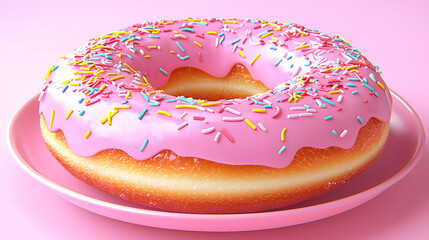 Delicious pink frosted donut with colorful sprinkles