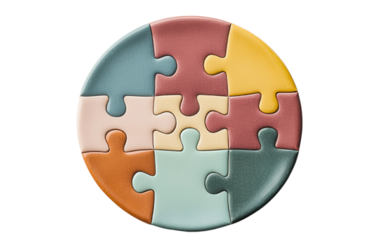 Colorful puzzle pieces arranged in a circular pattern on a white isolate background. - Powered by Adobe