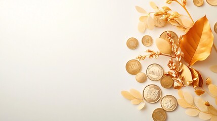 Gold Coins and Leaves on a Light Background