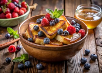 Deliciously Golden French Toast in a Bowl with Fresh Berries and Maple Syrup, Perfect for a Cozy Breakfast or Brunch Setting, Captured in a Rustic Kitchen Atmosphere