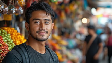 Indonesian man enjoys vibrant traditional market experience surrounded by joyful shoppers