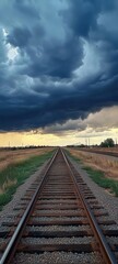 Fototapeta premium A scenic view of a railway track under a stormy sky, evoking a sense of adventure.