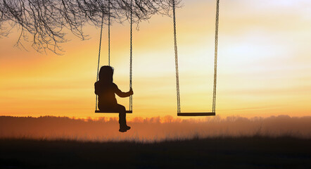 Single or child alone missing a friend or partner, silhouette sitting on a swing at sunset, vector style. Lonely concept