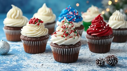 Assortment of frosted cupcakes with holiday sprinkles, vibrant blue background, isolated with blank area for writing