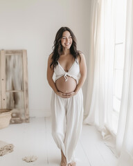 A stunning maternity photo of a woman wearing a light gown, capturing the beauty of pregnancy.