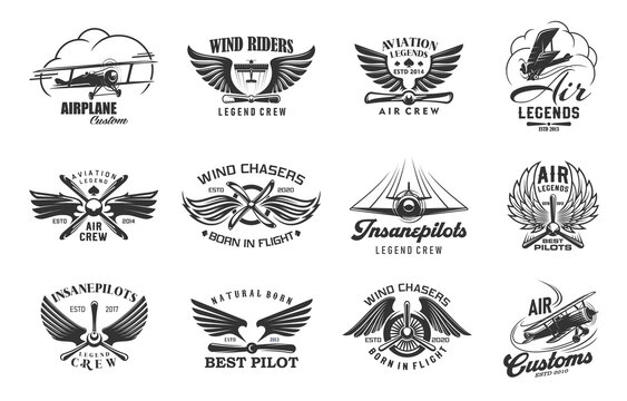 Airplane and aircraft vector icons of retro biplanes, propellers and wings. Vintage custom planes, wind riders, legend pilots and aviation badges set for air travel, pilot school and aircraft show