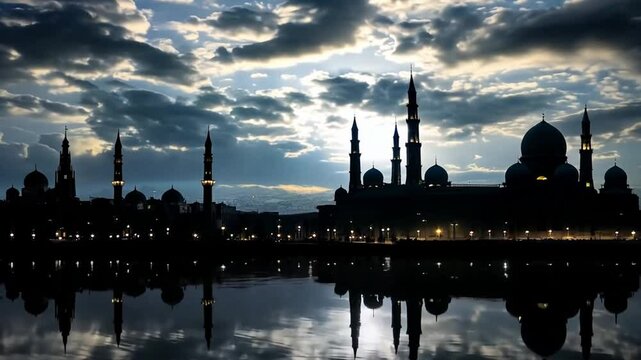 Beautiful mosque illuminated at night with a starry sky in the background, celebrating the birth of the prophet Muhammad. This design is perfect for mawlid al nabi celebrations. 