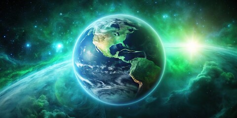 Fototapeta premium Wide-angle view of Earth in space with glowing green aura and swirling mist