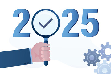 Forecast and vision in 2025. Analysis and research, prospects and opportunities. happy new year 2025. Hand uses magnifying glass and looking number 2025.