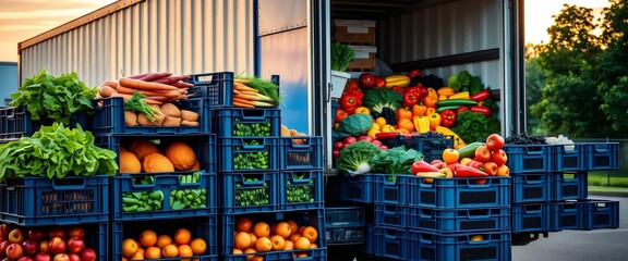 Produce Delivery Truck: Sunset, Crates, Boxes, Abundant Produce