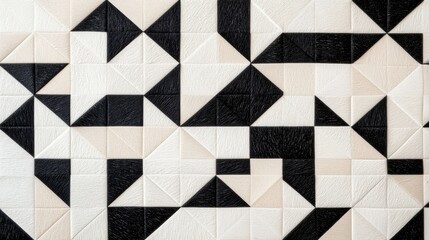 A close up shot of a textile with a repeating pattern of black and white triangles arranged in a mesmerizing optical illusion.