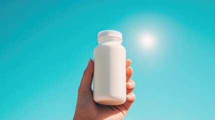 Bottle of vitamin rich sunscreen held in hand under a bright sunny sky with deep depth of field  Concept of skin care sun protection and healthy outdoor lifestyle