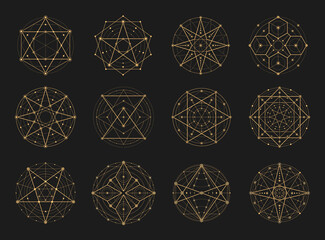 Sacred esoteric geometry, astrology or mystic Tarot signs with magic patterns, vector symbols. Esoteric sacred geometry icons of witchcraft magic and occult pentacles, stars or sun and moon symbols