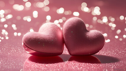 Obraz premium Two intertwined hearts nestled on a pink glittery surface with a reflective