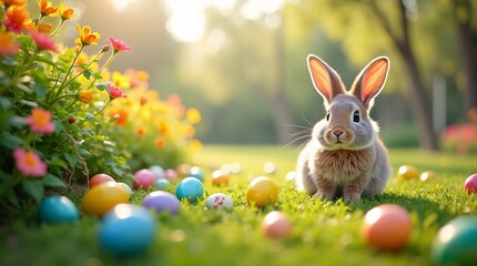  vibrant Easter egg hunt scene in a sunny garden, filled with colorful eggs hidden among blooming flowers and lush greenery. 