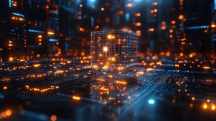 3d wireframe lock hovering above circuit board emitting beams of light to convey modern cybersecurity and data protection