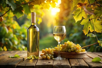 Fototapeta premium Elegant Long Exposure of a White Wine Bottle and Glass Amidst Vintage Grapes on a Wooden Table Surrounded by Greenery, Perfect for Celebrations and Relaxing Vacations