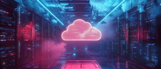 A futuristic server room with a glowing cloud symbol, representing digital storage and technology.