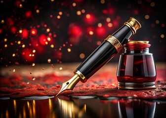 Fototapeta premium Elegant Red Ink Flowing from a Fountain Pen Against a Dark Night Background, Capturing the Essence of Sophistication and Creativity in a Timeless Setting