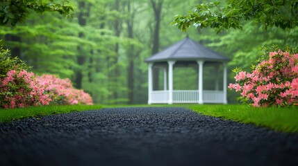 Fototapeta premium A gravel path leading to a picturesque gazebo in a park, surrounded by blooming flowers and lush greenery, creating a romantic atmosphere.