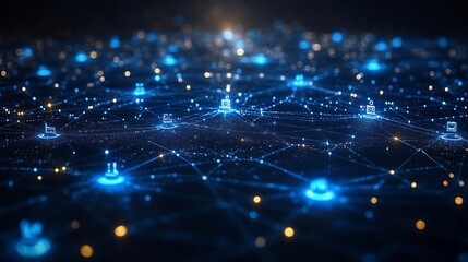 Cybersecurity network highlighted mesh nodes depicting secure data flow and digital connectivity in a hightech style