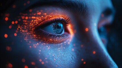 Naklejka premium 3d biometric facial scanner rendering scanning persons face with glowing security symbols showcasing advanced user identification in modern cyber technology