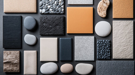 Top view of assorted natural stone tiles and pebbles in various textures and colors on a dark gray surface