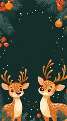 Fototapeta premium Adorable reindeer cartoon on dark green with Christmas decorations