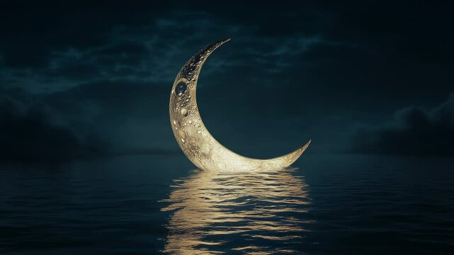 A glowing crescent moon floats serenely on calm waters,reflecting the shimmering light during a tranquil night scene